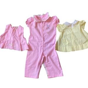 VTG 70-80s BabyGirl Outfit PinkYellow 2Tops 1Jumpsuit Festival Holiday 9-18M